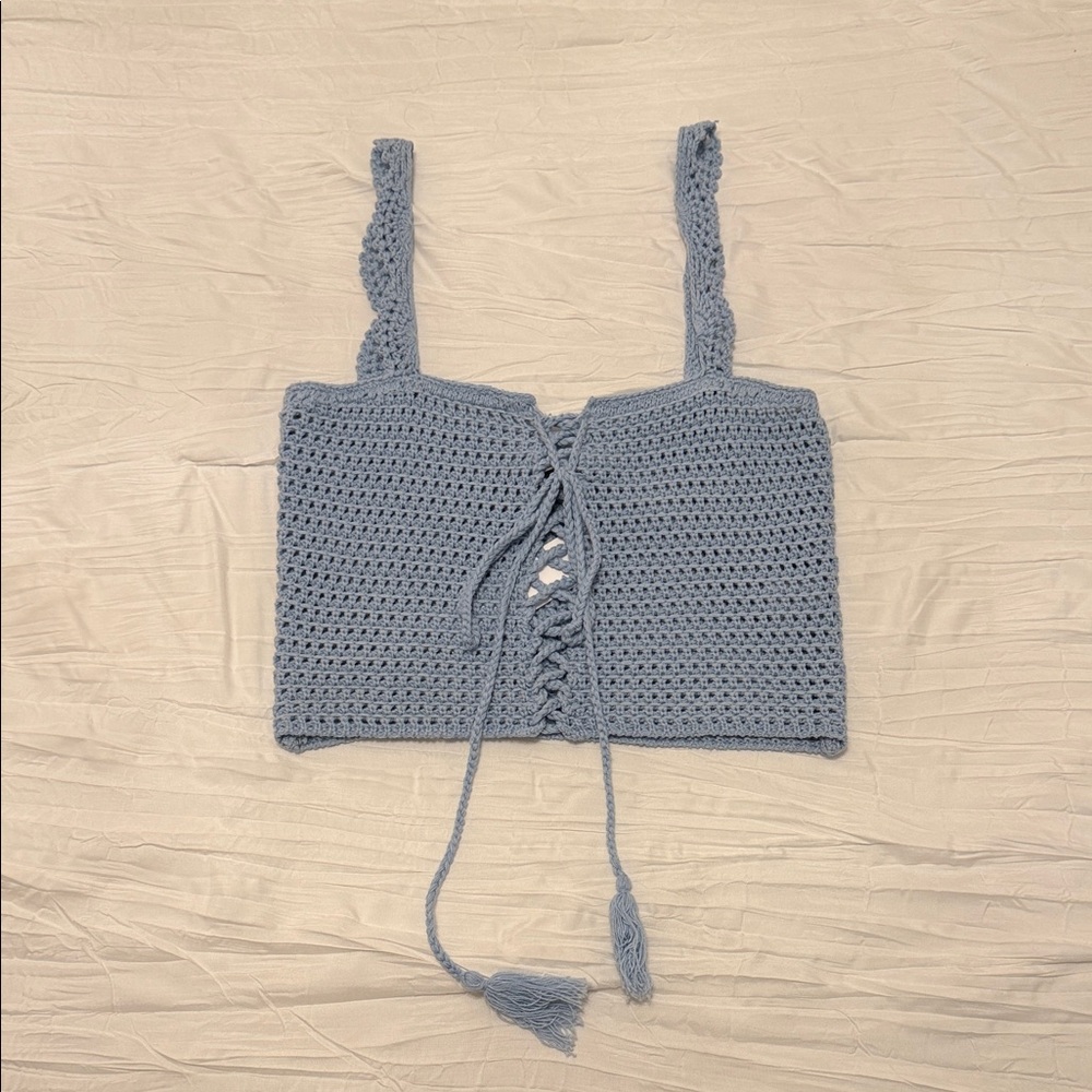 Women's Crochet Lace-Up Top - Blue